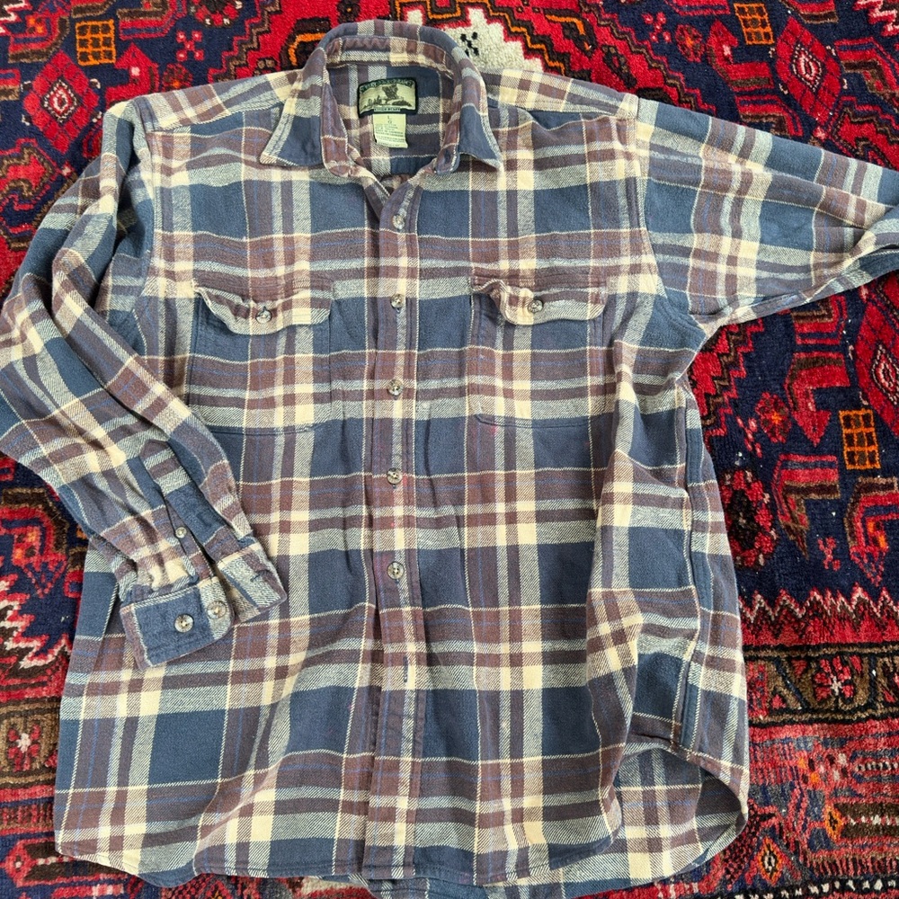 Vintage Field & Stream Blue and Brown Plaid Casual Button Down Shirt